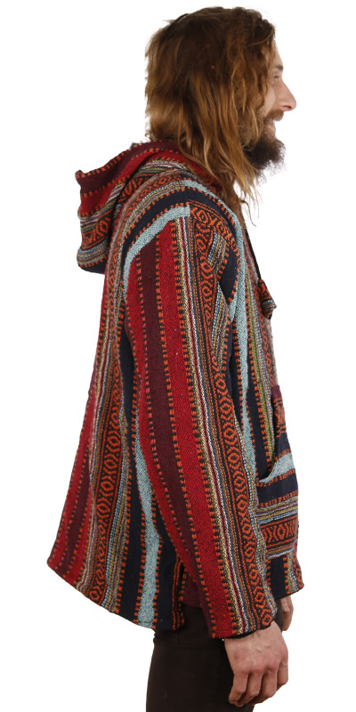 Reversible Fleece Lined Woven Baja Style Hoodie Zip Up Brick Stripe