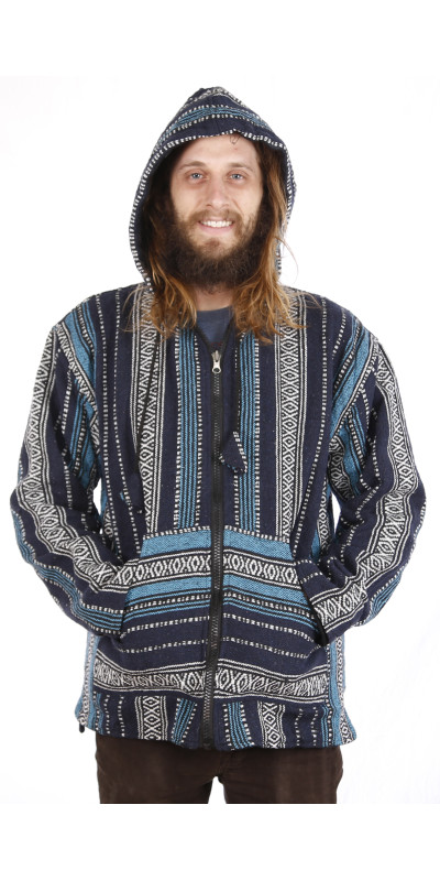 Reversible Fleece Lined Woven Baja Style Hoodie Zip Up Navy Stripe **Large Only**