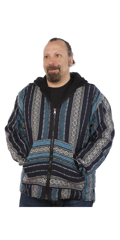 Reversible Fleece Lined Woven Baja Style Hoodie Zip Up Navy Stripe **Large Only**