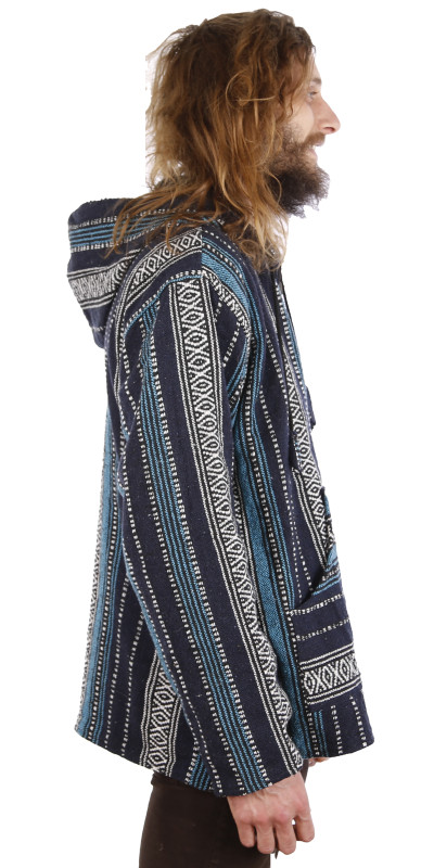 Reversible Fleece Lined Woven Baja Style Hoodie Zip Up Navy Stripe **Large Only**