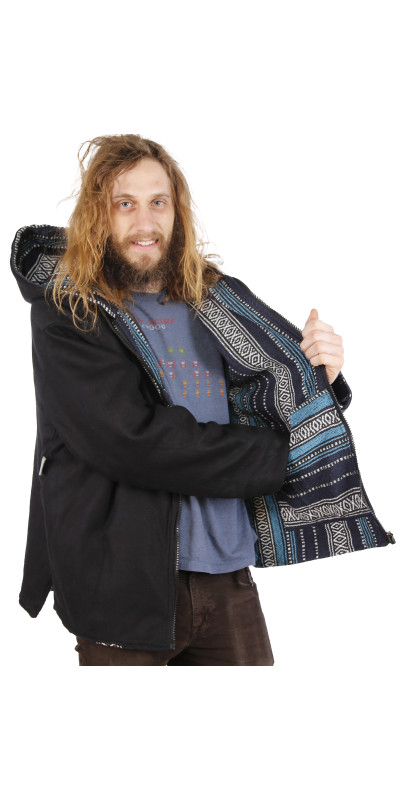 Reversible Fleece Lined Woven Baja Style Hoodie Zip Up Navy Stripe **Large Only**