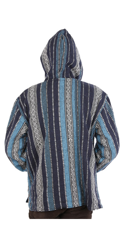 Reversible Fleece Lined Woven Baja Style Hoodie Zip Up Navy Stripe **Large Only**
