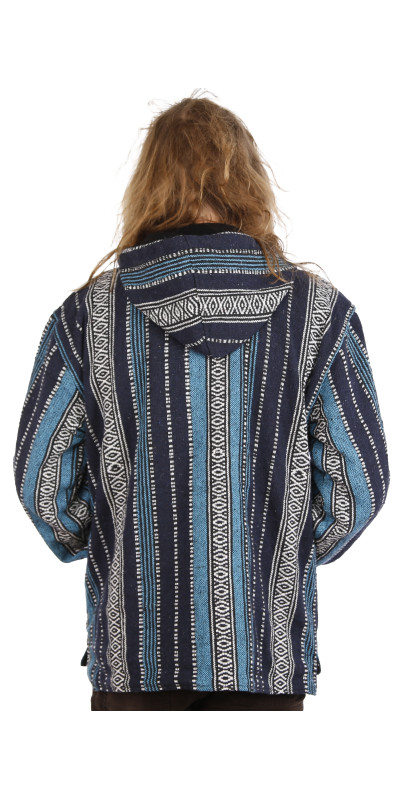 Reversible Fleece Lined Woven Baja Style Hoodie Zip Up Navy Stripe **Large Only**