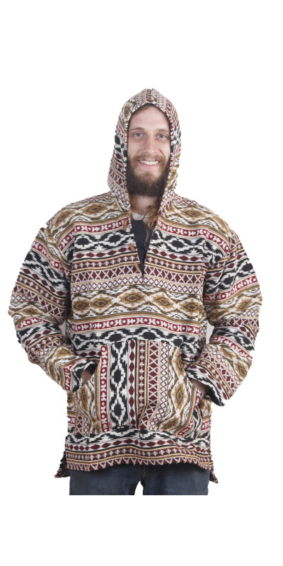 Woven Jacquard Pull Over Baja Style Hoodie Burgundy/Black/Brown *CLEARANCE* LG ONLY