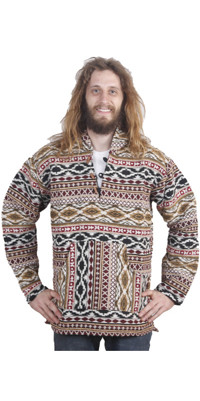 Woven Jacquard Pull Over Baja Style Hoodie Burgundy/Black/Brown *CLEARANCE* LG ONLY