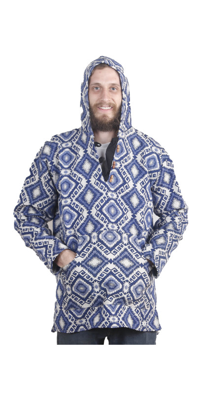 Woven Jacquard Pull Over Baja Style Hoodie Blue/White *CLEARANCE* LG ONLY
