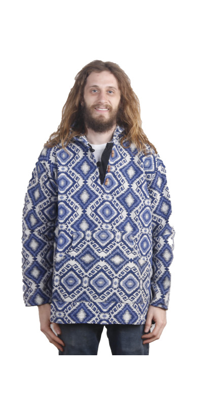 Woven Jacquard Pull Over Baja Style Hoodie Blue/White *CLEARANCE* LG ONLY