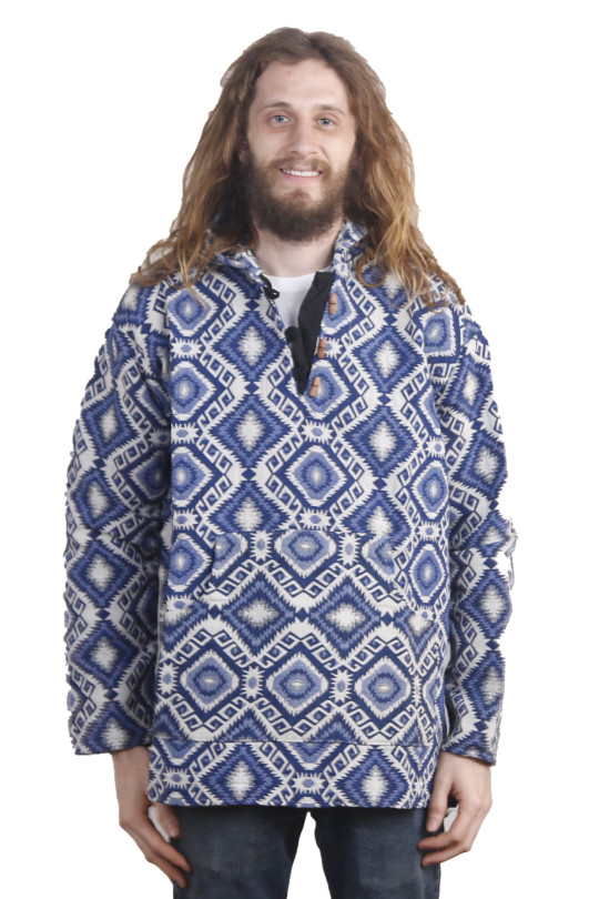 Woven Jacquard Pull Over Baja Style Hoodie Blue/White *CLEARANCE*