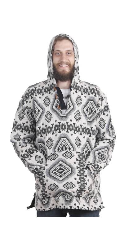 Woven Jacquard Pull Over Baja Style Hoodie Black/White *CLEARANCE* LG ONLY