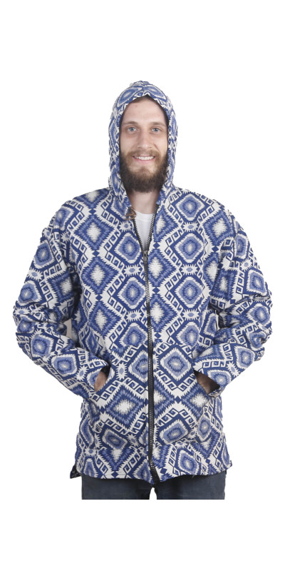 Woven Jacquard Zip-Up Baja Style Hoodie Blue/White *CLEARANCE*