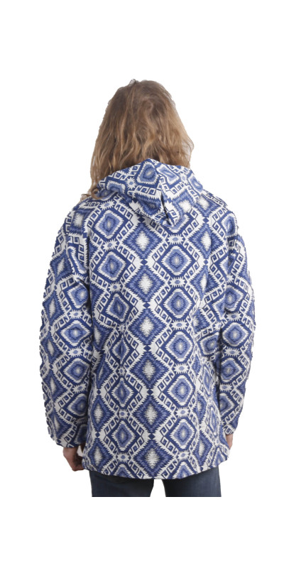 Woven Jacquard Zip-Up Baja Style Hoodie Blue/White *CLEARANCE*