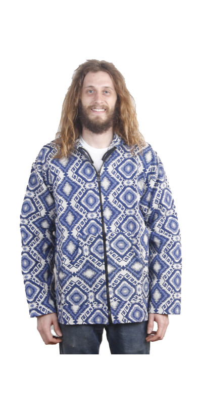 Woven Jacquard Zip-Up Baja Style Hoodie Blue/White *CLEARANCE*