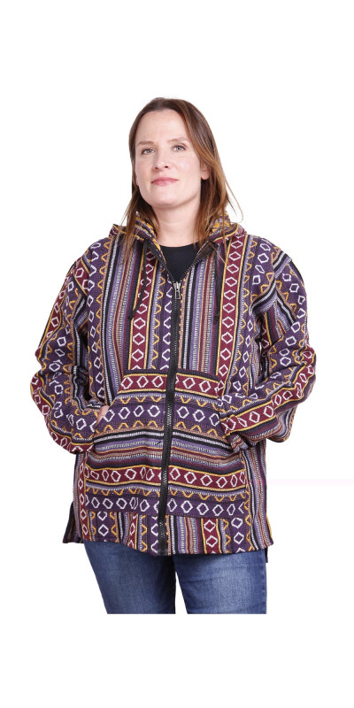 Woven Baja Style Hoodie Zip Up Purple/Gold