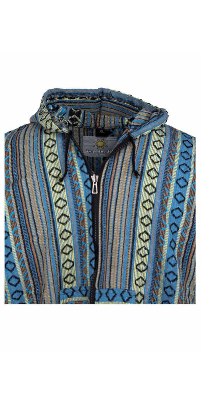 Woven Baja Style Hoodie Zip Up Turquoise