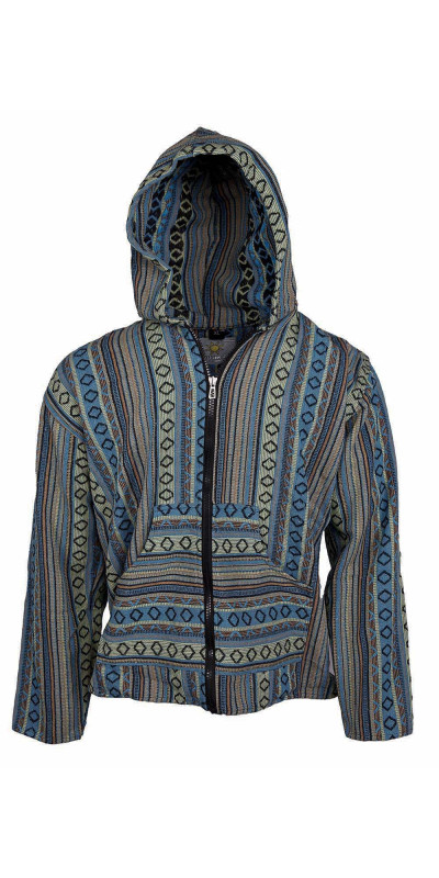 Woven Baja Style Hoodie Zip Up Turquoise