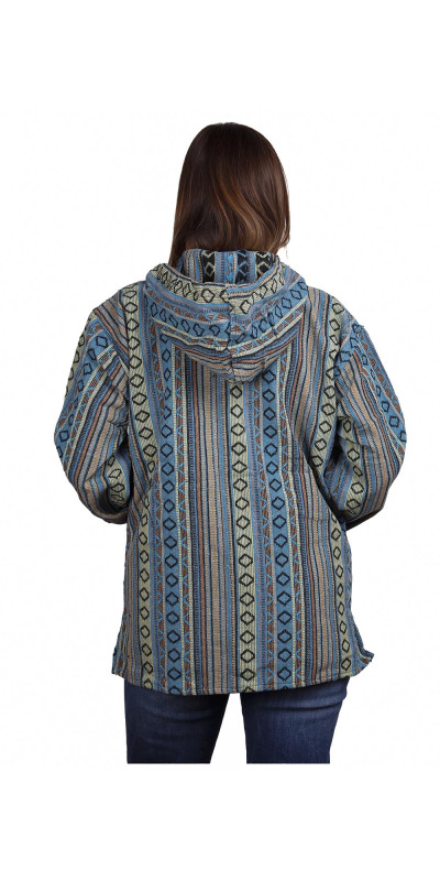 Woven Baja Style Hoodie Zip Up Turquoise