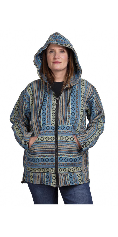 Woven Baja Style Hoodie Zip Up Turquoise