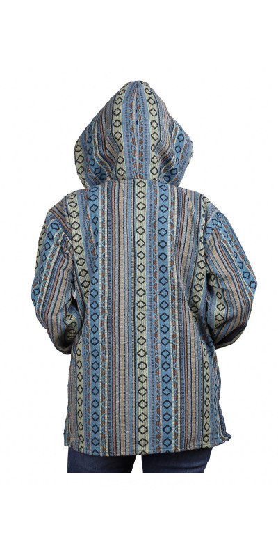 Woven Baja Style Hoodie Zip Up Turquoise