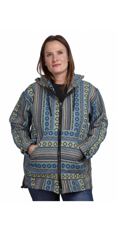 Woven Baja Style Hoodie Zip Up Turquoise