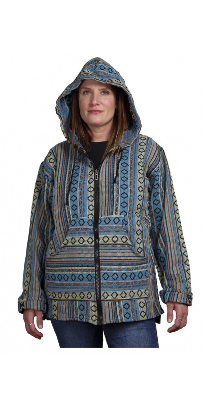 Woven Baja Style Hoodie Zip Up Turquoise