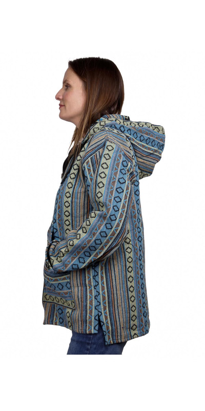 Woven Baja Style Hoodie Zip Up Turquoise