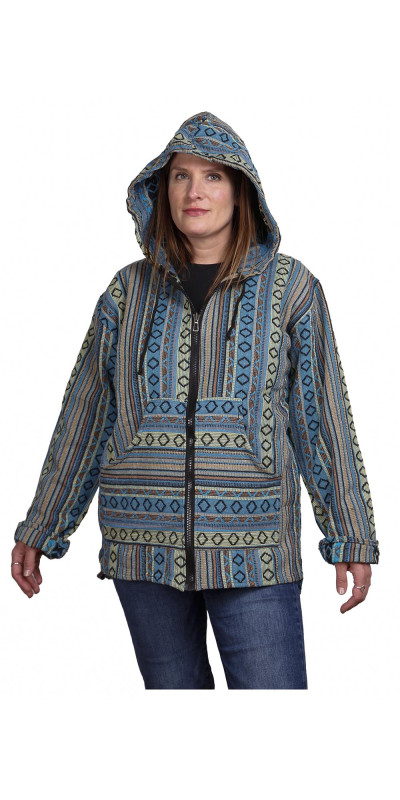 Woven Baja Style Hoodie Zip Up Turquoise