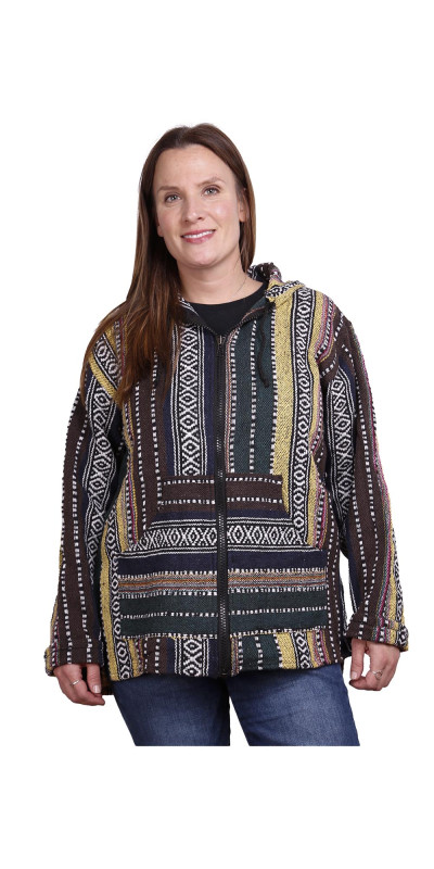 Woven Baja Style Hoodie Zip Up Earth Stripe