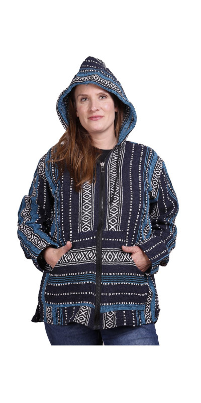Woven Baja Style Hoodie Zip-Up Navy Stripe