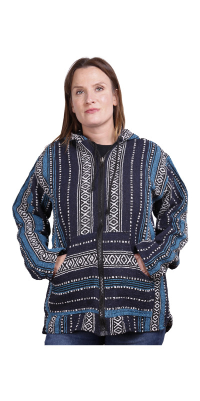 Woven Baja Style Hoodie Zip-Up Navy Stripe