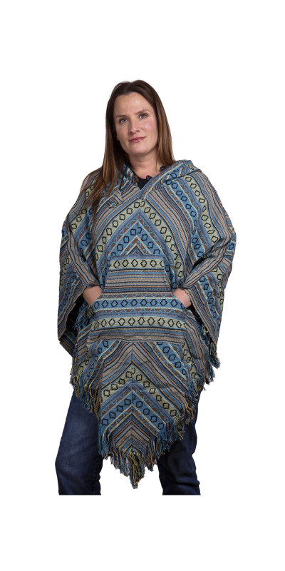 Woven Hooded Poncho - Turquoise