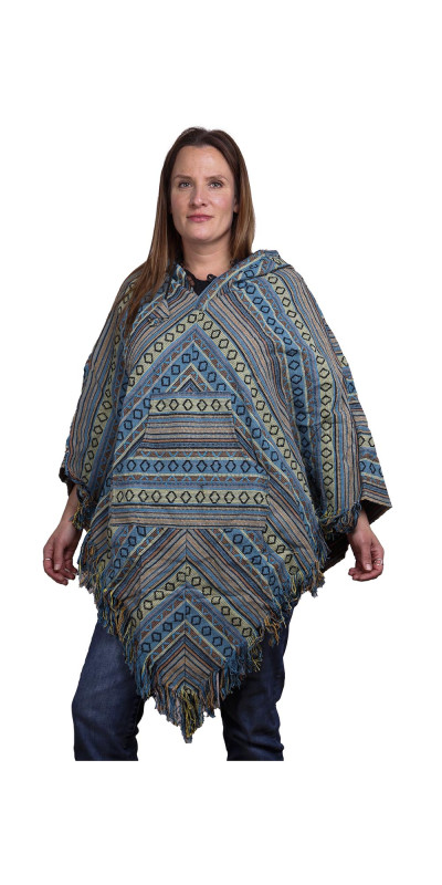 Woven Hooded Poncho - Turquoise