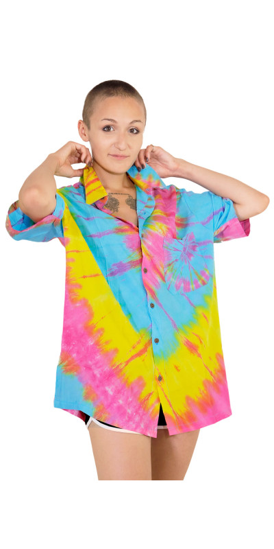 Rainbow Tie Dye Hary Dary Men's Button Down Camp Shirt