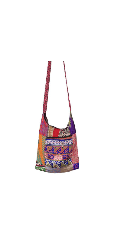 Recycled Patchwork Sari Zip Top Crossbody Bag Assorted Colors/Patterns