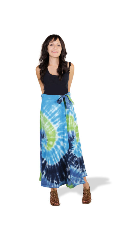 Blue & Green Tie Dye Wrap Skirt with Zip Pocket