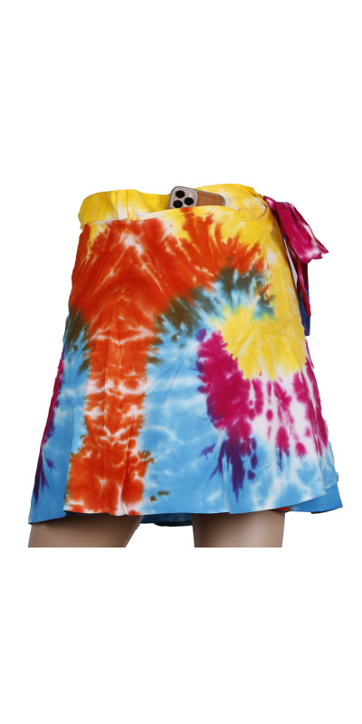 Rainbow Tie Dye Short Wrap Skirt with Zip Pocket