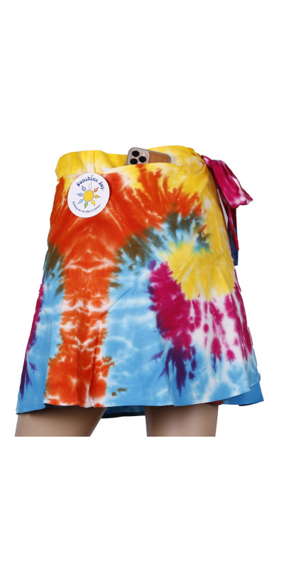 Rainbow Tie Dye Short Wrap Skirt with Zip Pocket