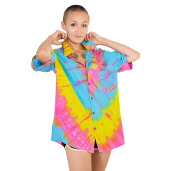 Rainbow Tie Dye Hary Dary Men's Button Down Camp Shirt