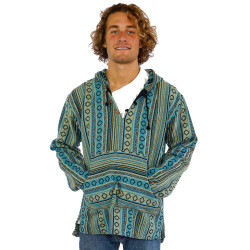 Woven Baja Style Hoodie Pullover Turquoise