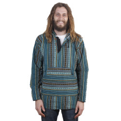 Woven Baja Style Hoodie Pullover Blue Stripe L XL 2X only