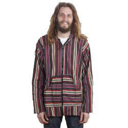 Woven Baja Style Hoodie Zip Up Multi Stripe LARGE ONLY