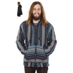 Reversible Fleece Lined Woven Baja Style Hoodie Zip Up Navy Stripe **Large Only**