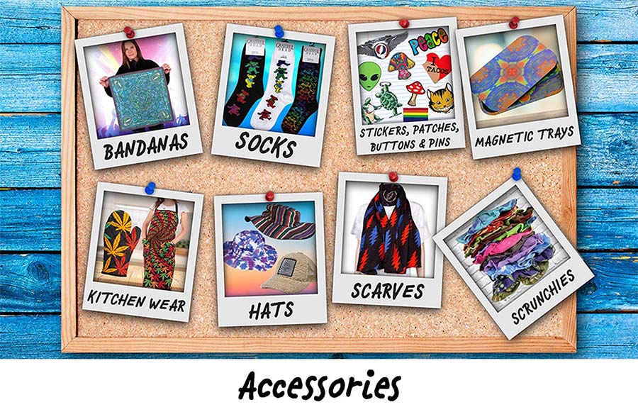 Accessories: bandanas, socks, stickers, patches, pins
