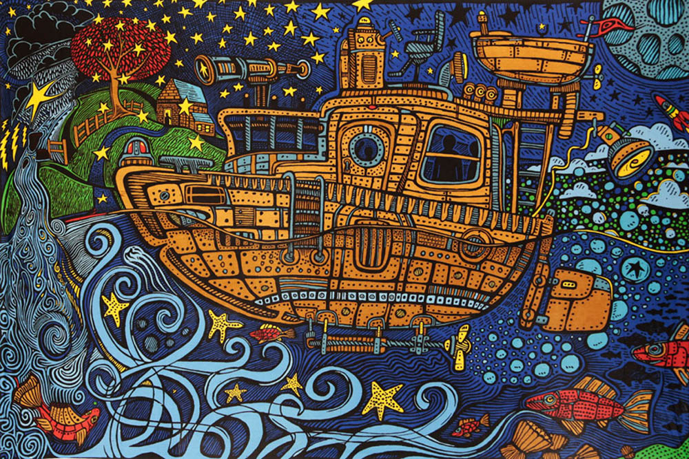 3D Steampunk Tugboat TAPESTRY 60x90